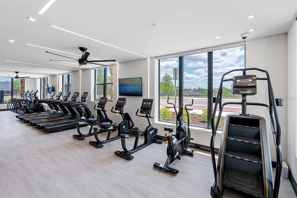 Fitness Equipment, Gym, Interior, Recessed Lighting, Water, Wood Texture Flooring