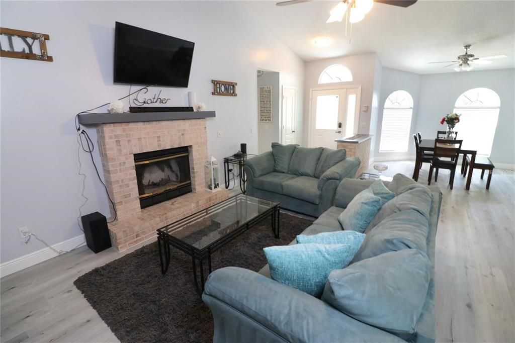 Dining room, Fireplace, Interior, Living room, Wood Texture Flooring