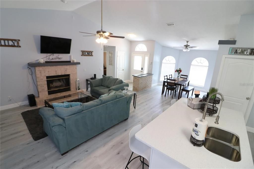 Dining room, Fireplace, Interior, Living room, Wood Texture Flooring
