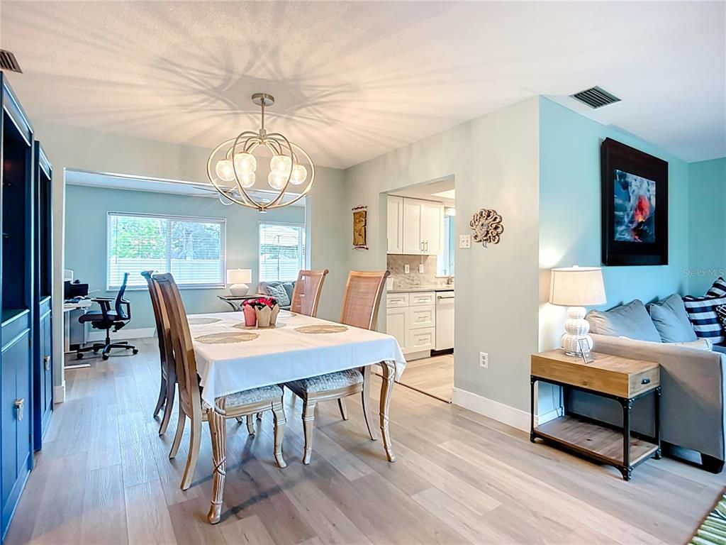 Chandelier, Dining room, Interior, Kitchen, Living room, Pendant Lights, Wood Texture Flooring