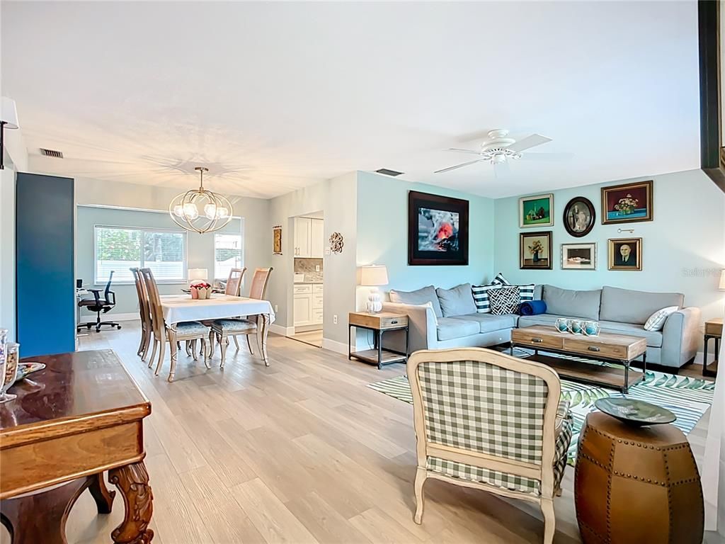 Dining room, Interior, Living room, Pendant Lights, Wood Texture Flooring