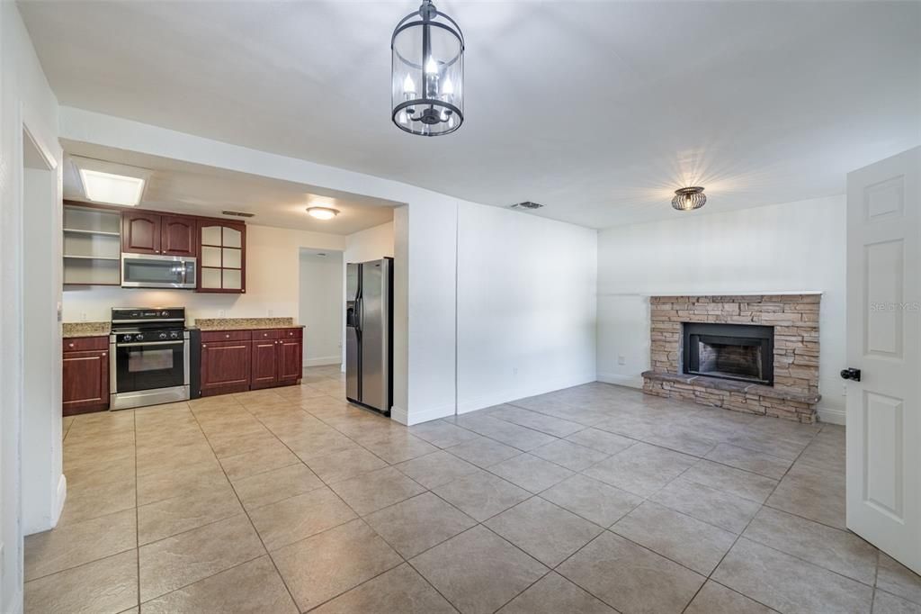 Empty room, Fireplace, Interior, Kitchen, Stainless Steel Appliances