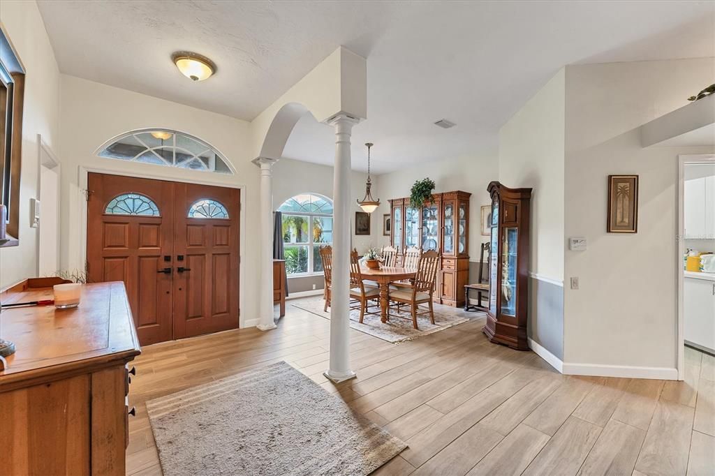Dining room, Interior, Pendant Lights, Wood Texture Flooring