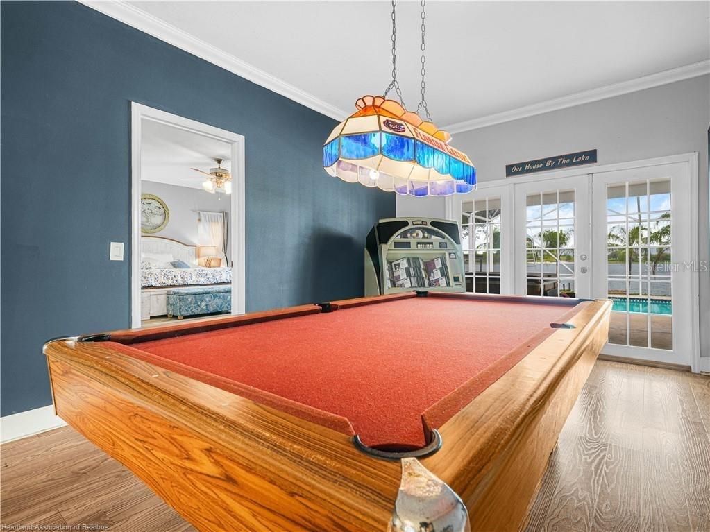 Billiard Table, Game Room, Interior, Pendant Lights, Wood Texture Flooring
