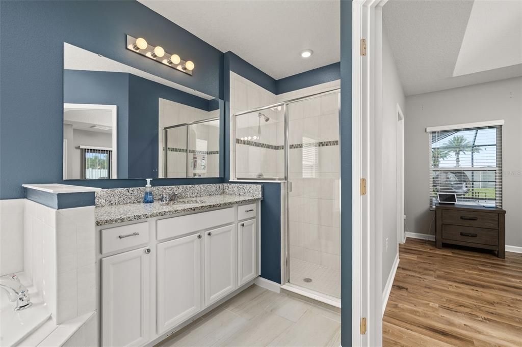 Bathroom, Glass Shower, Interior, Recessed Lighting, Wood Texture Flooring