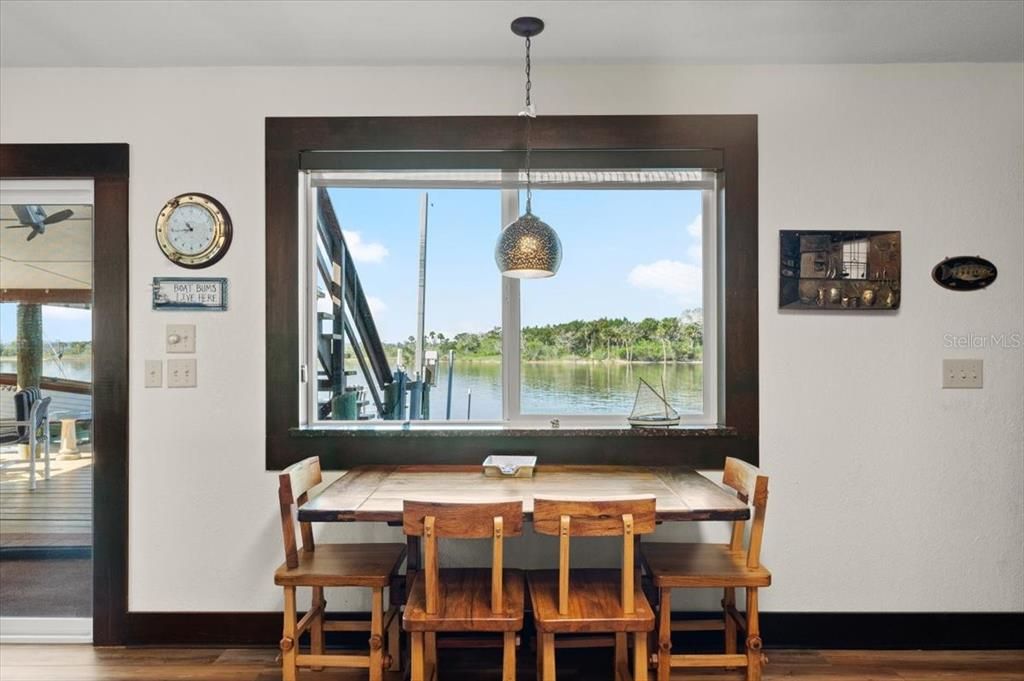 Dining room, Interior, Pendant Lights, Water, Wood Texture Flooring