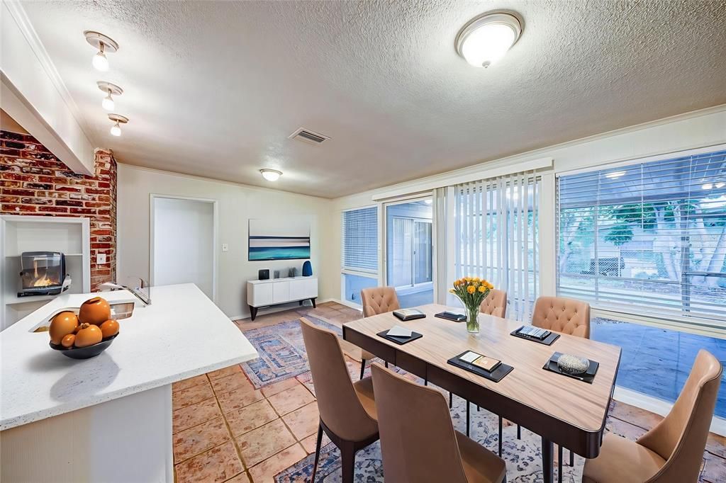 Dining room, Fireplace, Interior, Living room, Stone Walls