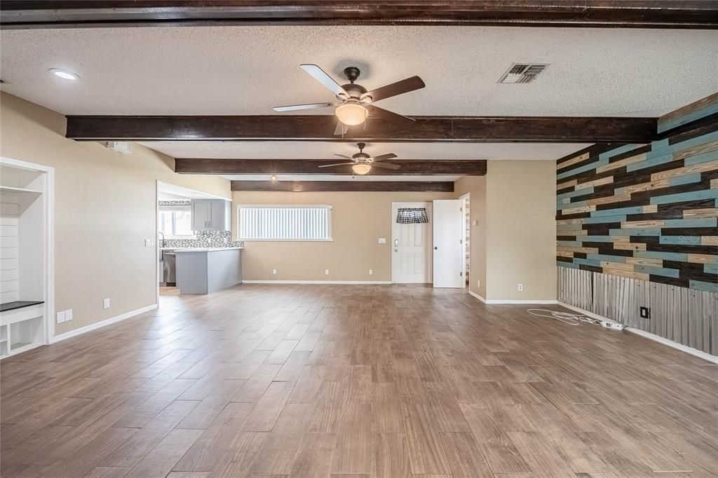 Empty room, Interior, Kitchen, Recessed Lighting, Wooden Beams, Wood Texture Flooring