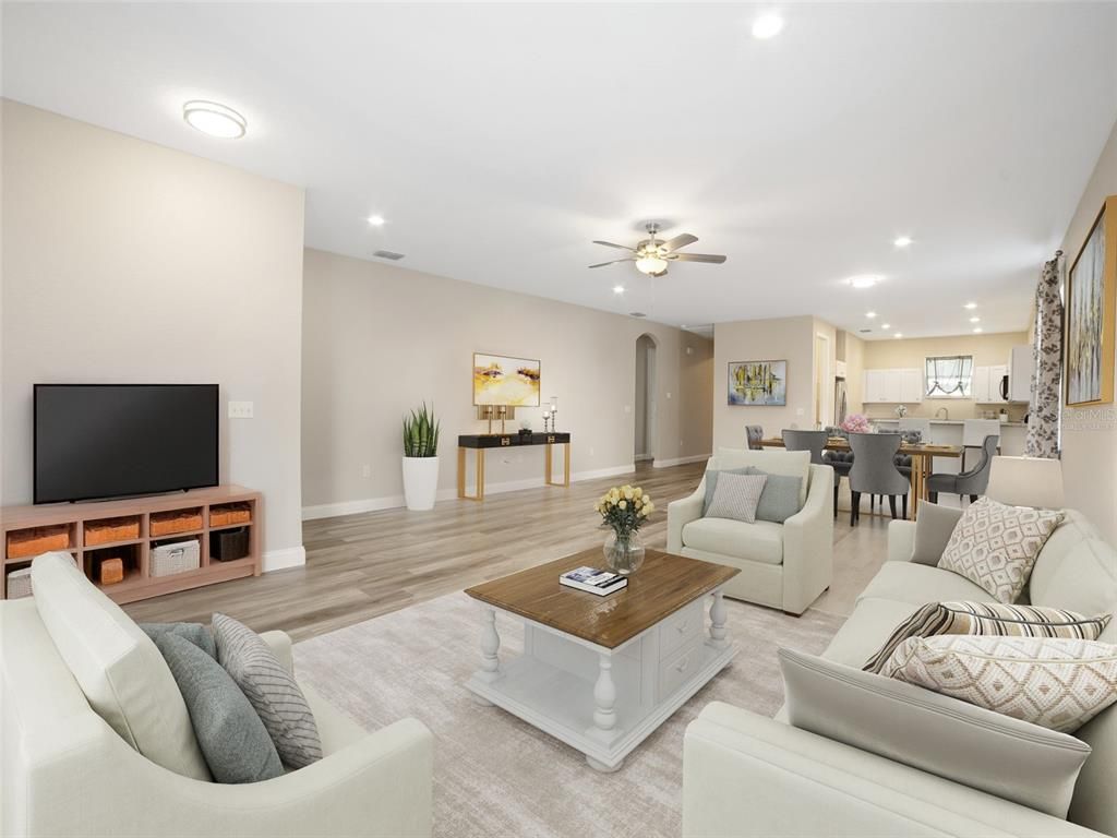 Dining room, Interior, Living room, Recessed Lighting, Wood Texture Flooring