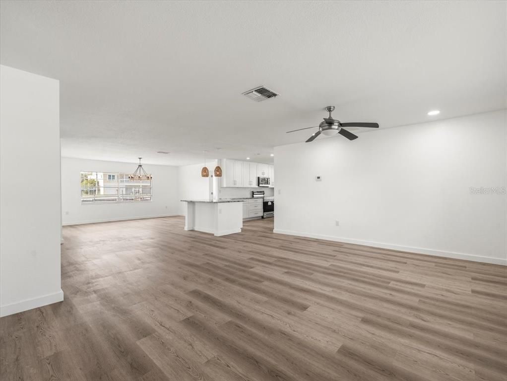 Empty room, Interior, Kitchen, Recessed Lighting, Wood Texture Flooring