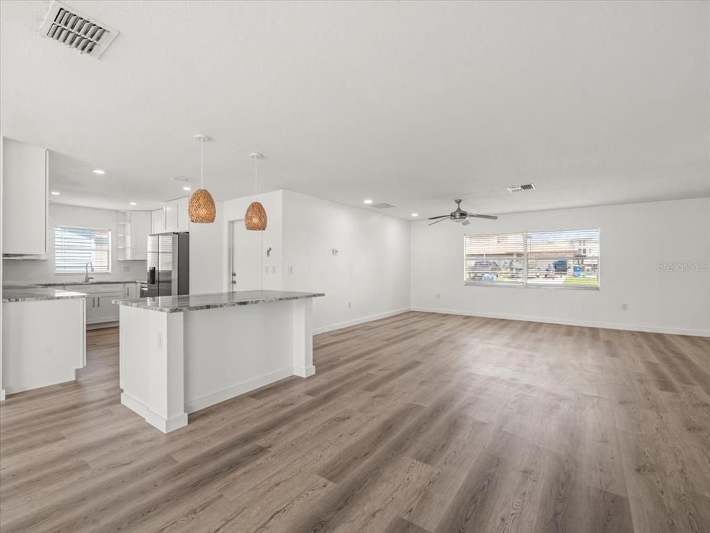 Empty room, Interior, Kitchen, Pendant Lights, Recessed Lighting, Wood Texture Flooring
