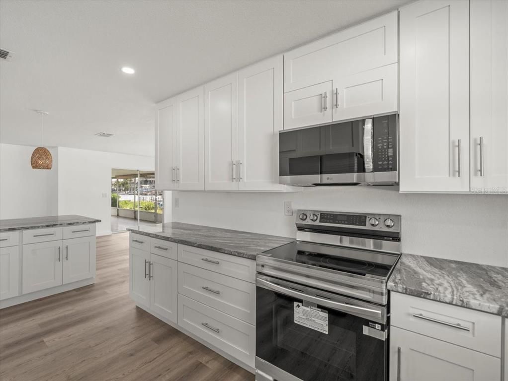 Interior, Kitchen, Recessed Lighting, Stainless Steel Appliances, Wood Texture Flooring