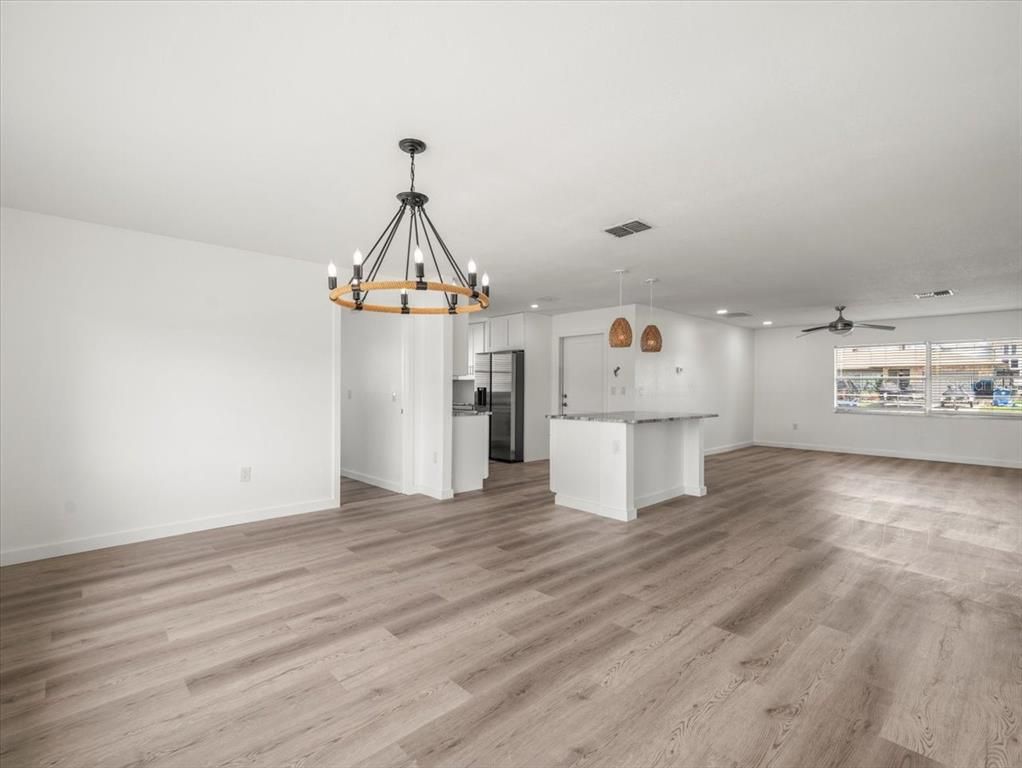 Chandelier, Empty room, Interior, Kitchen, Pendant Lights, Recessed Lighting, Wood Texture Flooring
