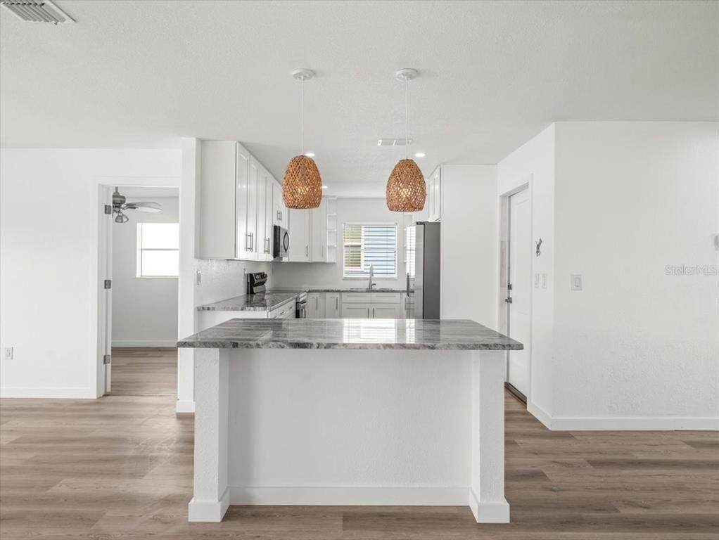 Interior, Kitchen, Pendant Lights, Wood Texture Flooring