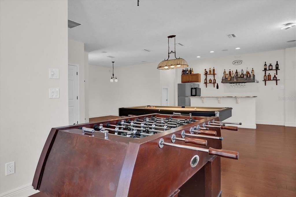 Billiard Table, Game Room, Interior, Pendant Lights, Recessed Lighting, Wood Texture Flooring