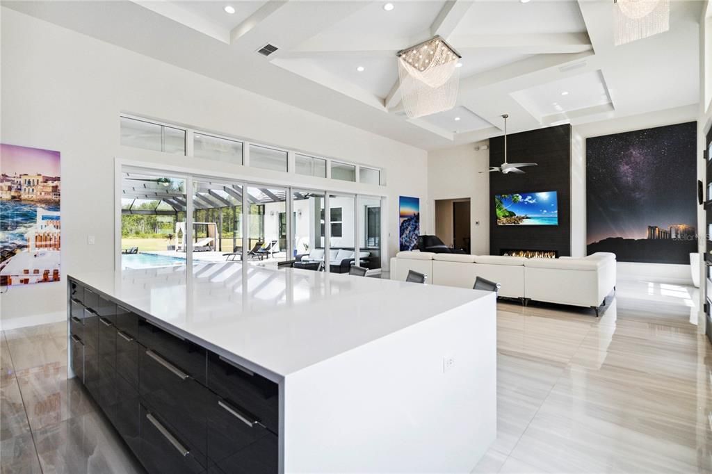 Fireplace, Interior, Kitchen, Living room, Recessed Lighting