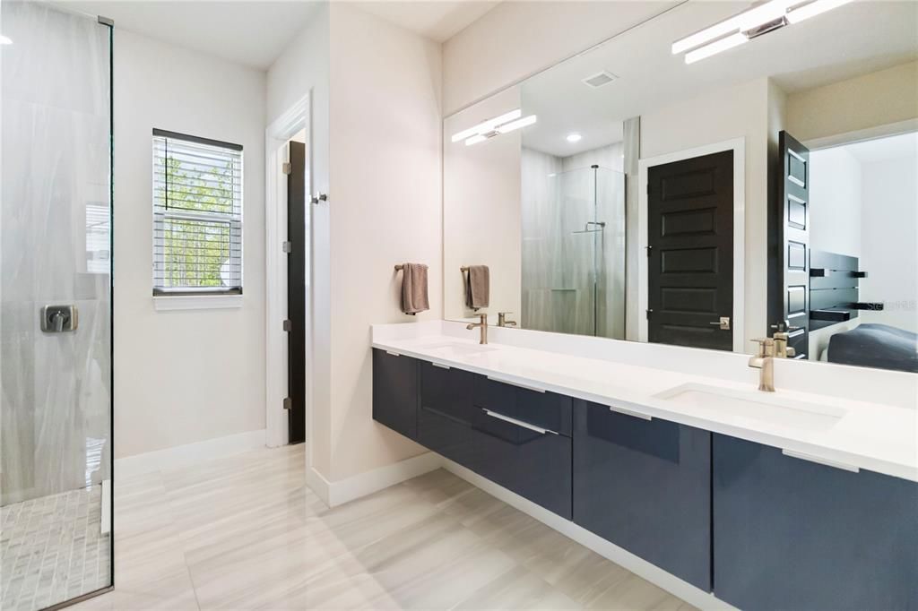 Bathroom, Dual Sink Vanities, Glass Shower, Interior, Recessed Lighting