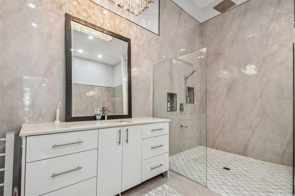 Bathroom, Dual Sink Vanities, Glass Shower, Interior, Recessed Lighting