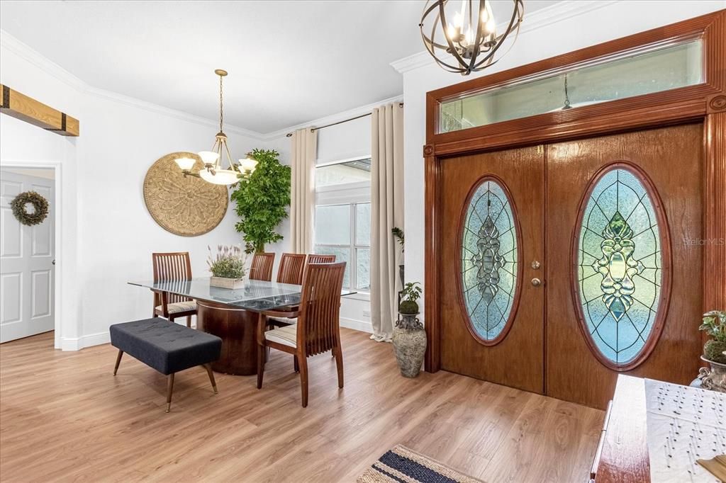 Chandelier, Dining room, Interior, Pendant Lights, Wood Texture Flooring