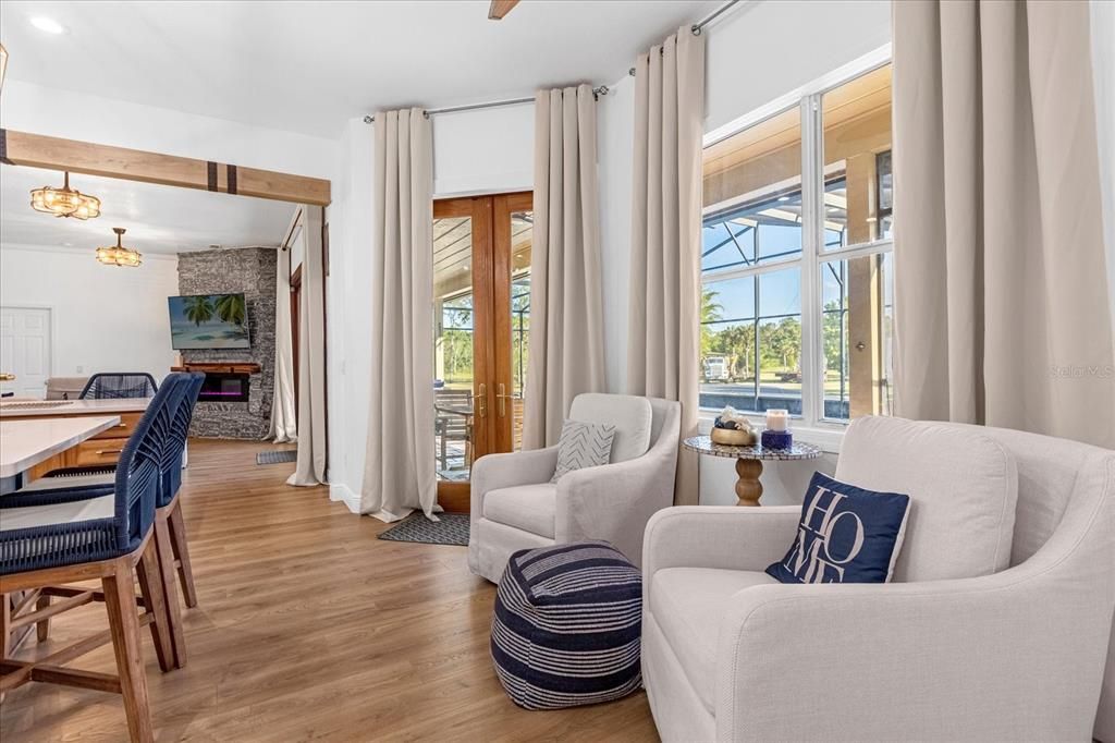 Fireplace, Interior, Living room, Pendant Lights, Stone Walls, Wooden Beams, Wood Texture Flooring