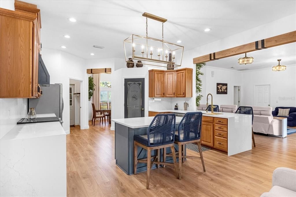 Interior, Kitchen, Living room, Pendant Lights, Recessed Lighting, Wood Texture Flooring