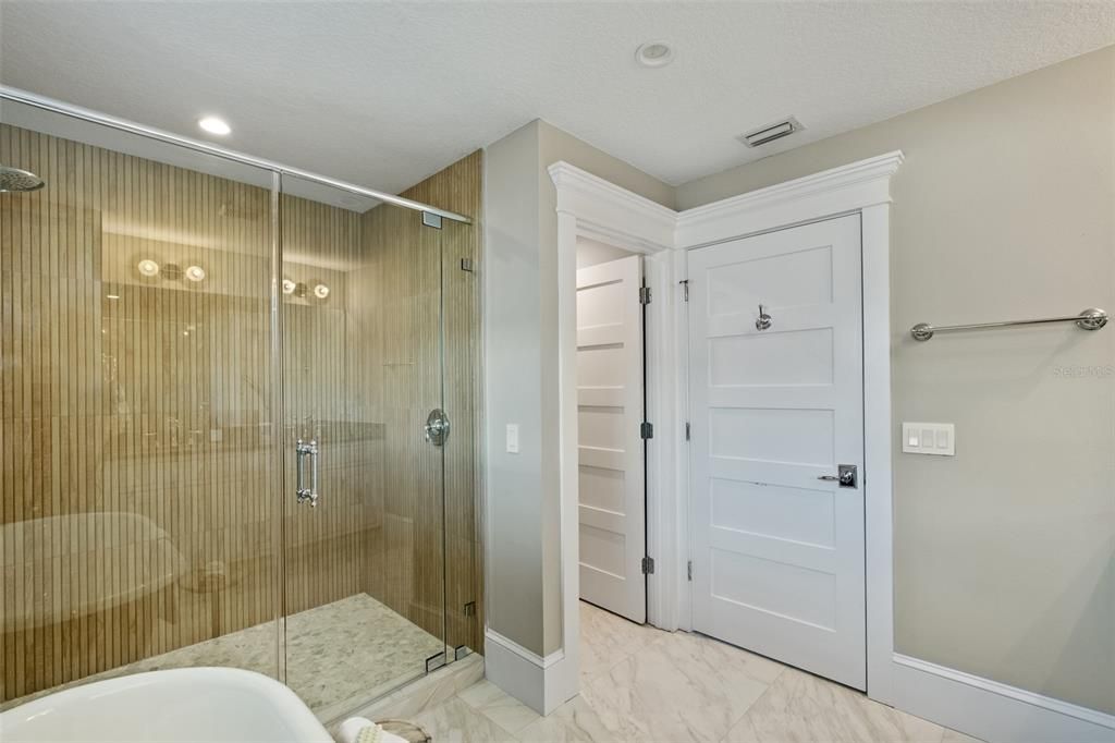 Bathroom, Glass Shower, Interior, Marble, Recessed Lighting
