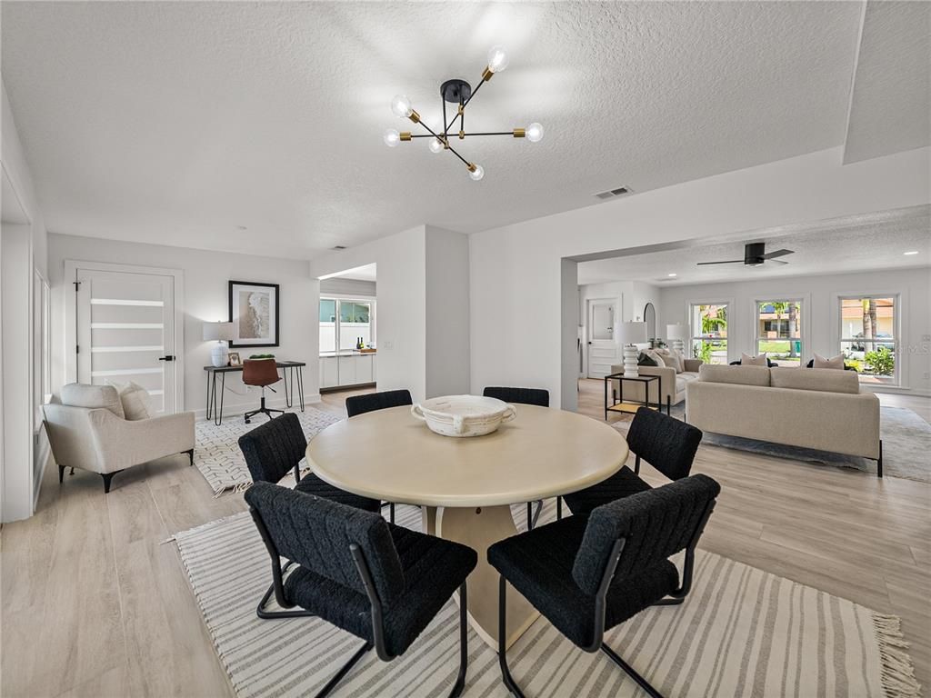 Dining room, Interior, Living room, Pendant Lights, Recessed Lighting, Wood Texture Flooring