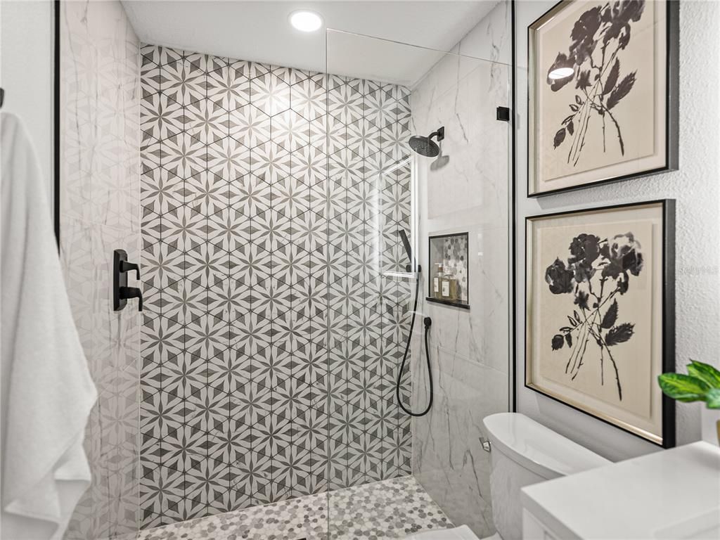 Bathroom, Glass Shower, Interior, Marble Walls, Recessed Lighting