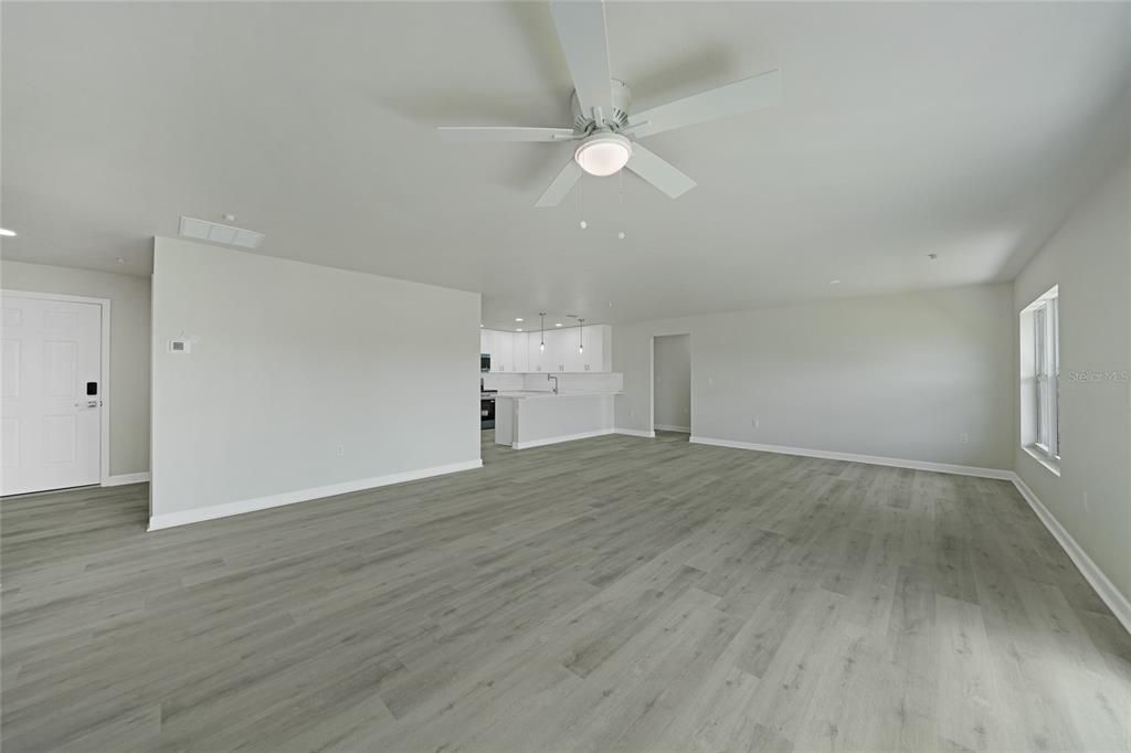 Empty room, Interior, Kitchen, Recessed Lighting, Wood Texture Flooring
