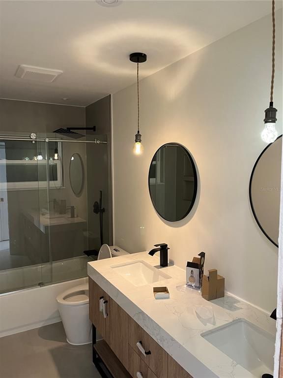 Bathroom, Dual Sink Vanities, Glass Shower, Interior, Pendant Lights