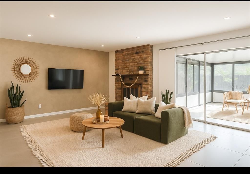 Fireplace, Interior, Living room, Recessed Lighting, Stone Walls