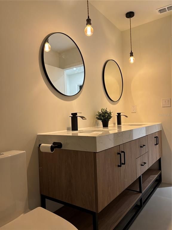 Bathroom, Dual Sink Vanities, Interior, Pendant Lights