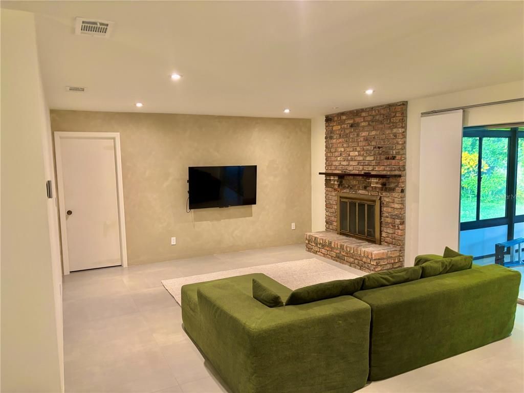 Fireplace, Interior, Living room, Recessed Lighting, Stone Walls