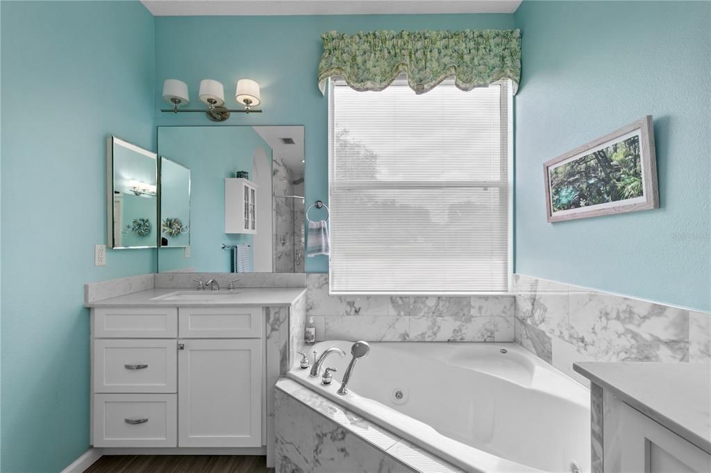 Bathroom, Interior, Marble Walls, Wood Texture Flooring