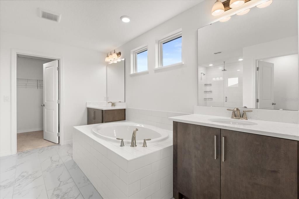 Bathroom, Dual Sink Vanities, Glass Shower, Interior, Marble, Recessed Lighting
