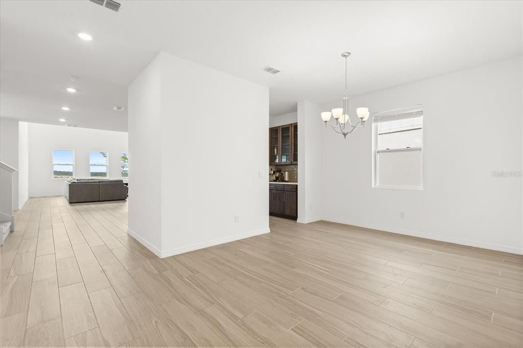 Chandelier, Empty room, Interior, Recessed Lighting, Wood Texture Flooring
