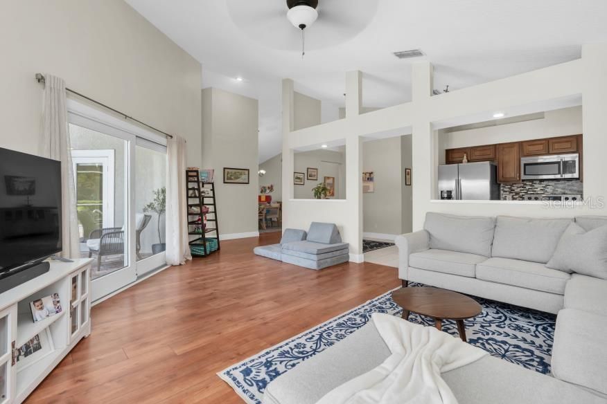 Interior, Kitchen, Living room, Recessed Lighting, Stainless Steel Appliances, Wood Texture Flooring
