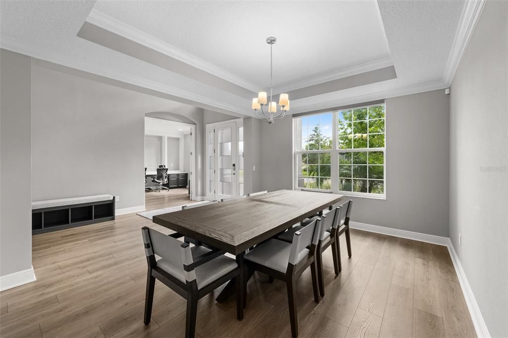 Chandelier, Dining room, Interior, Wood Texture Flooring