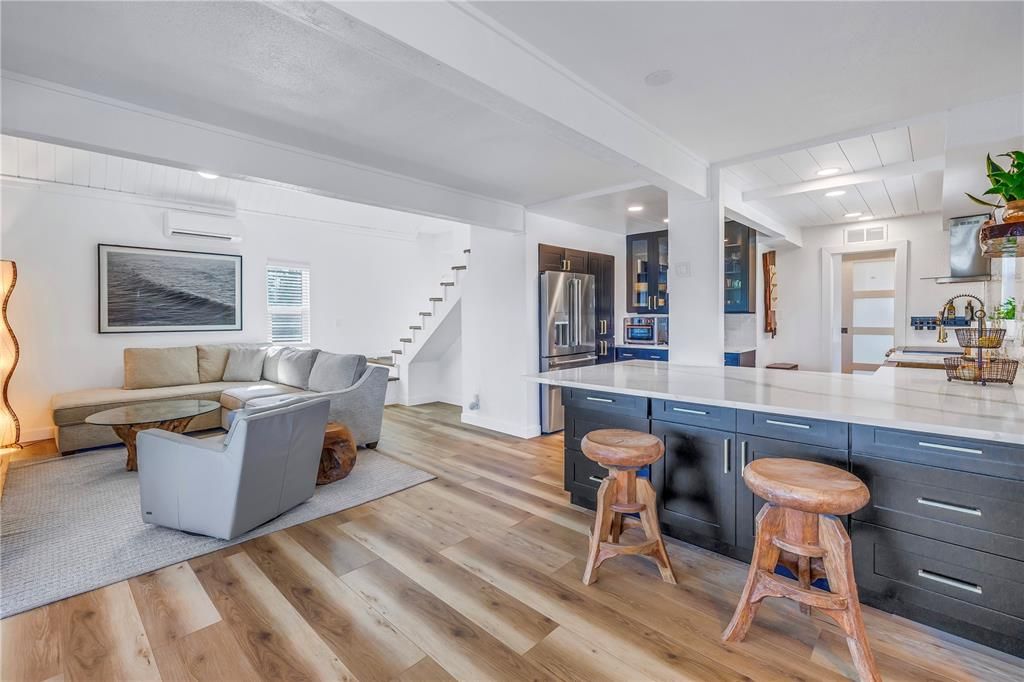 Interior, Kitchen, Living room, Recessed Lighting, Stainless Steel Appliances, Wood Texture Flooring