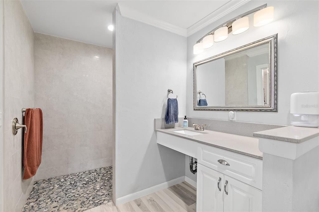 Bathroom, Interior, Recessed Lighting, Wood Texture Flooring