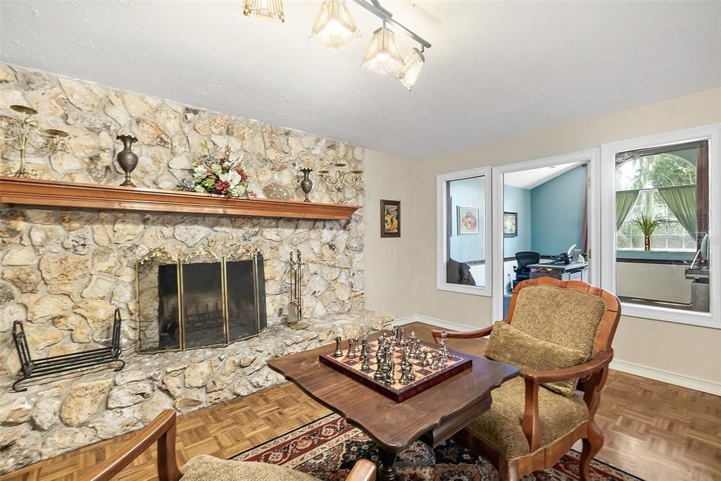 Dining room, Fireplace, Interior, Stone Walls, Wood Texture Flooring