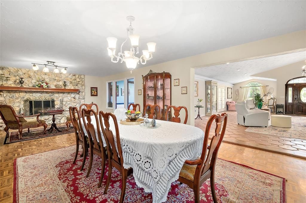 Chandelier, Dining room, Fireplace, Interior, Living room, Wood Texture Flooring