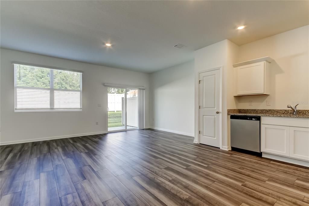 Empty room, Interior, Kitchen, Recessed Lighting, Wood Texture Flooring