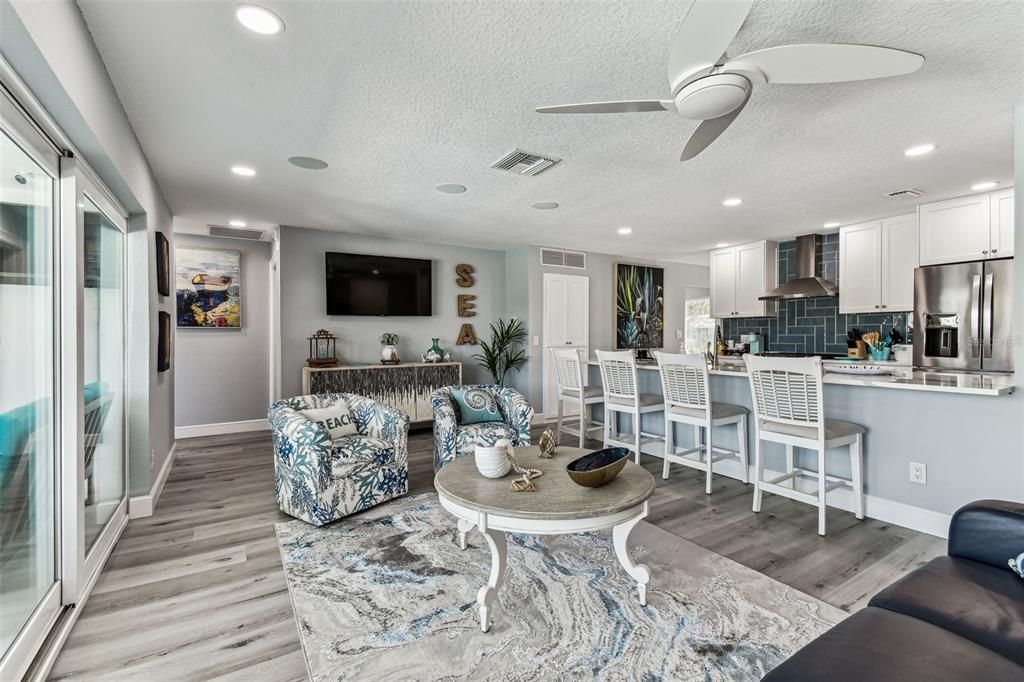 Interior, Kitchen, Living room, Recessed Lighting, Stainless Steel Appliances, Wood Texture Flooring