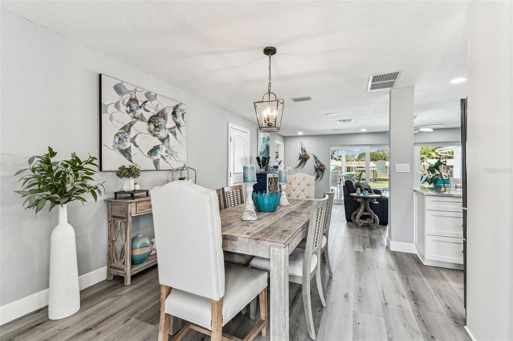 Dining room, Interior, Pendant Lights, Recessed Lighting, Wood Texture Flooring