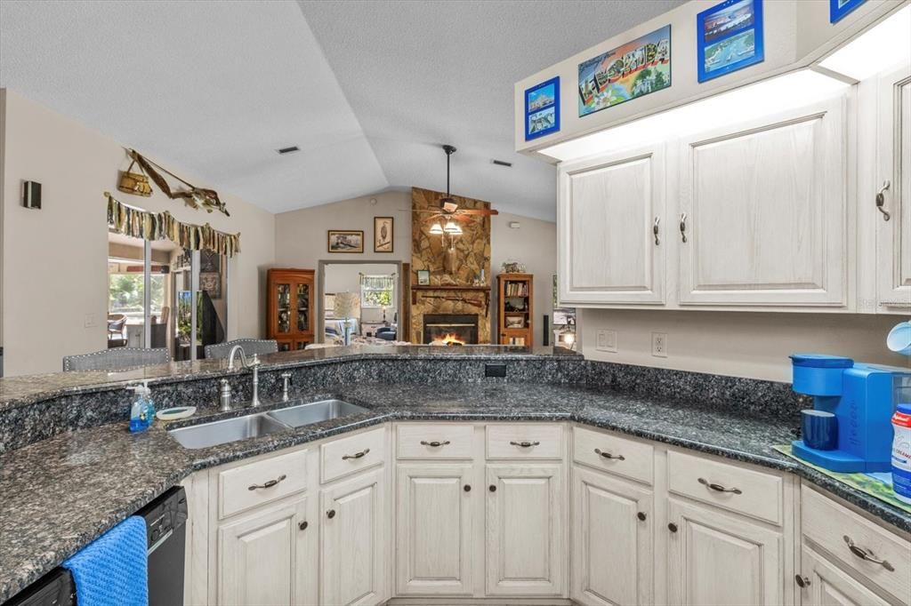 Fireplace, Interior, Kitchen, Pendant Lights, Stone Walls