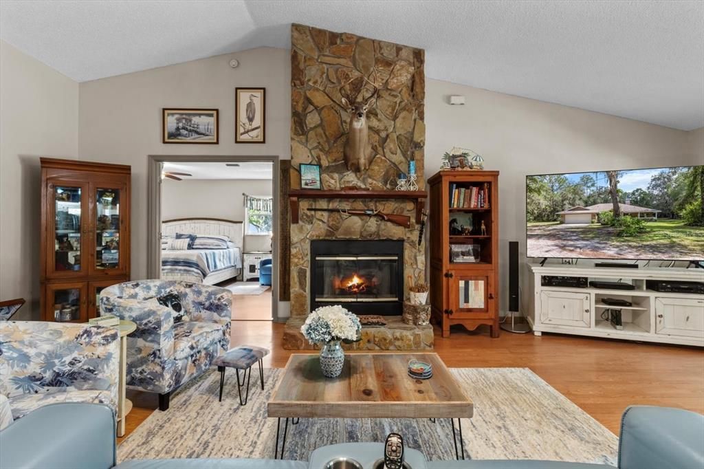 Fireplace, Interior, Living room, Stone Walls, Wood Texture Flooring