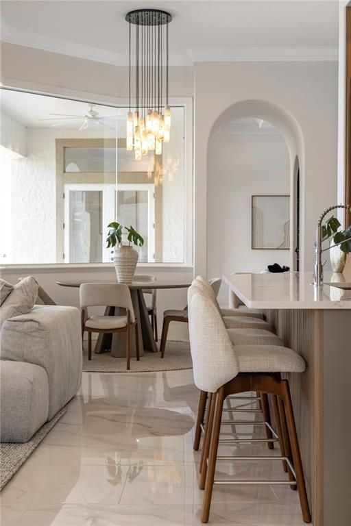 Dining room, Interior, Marble, Pendant Lights