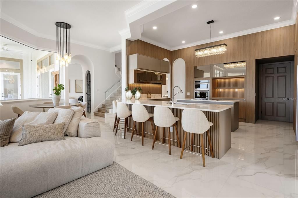 Interior, Kitchen, Marble, Pendant Lights, Recessed Lighting, Stainless Steel Appliances