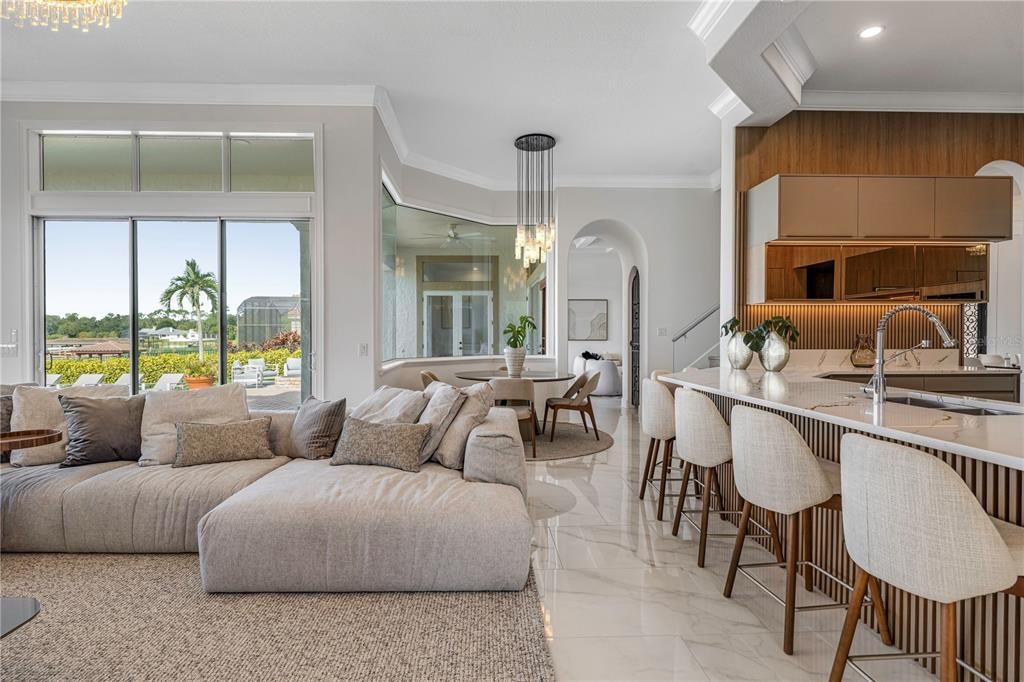 Dining room, Interior, Kitchen, Living room, Marble, Pendant Lights, Recessed Lighting